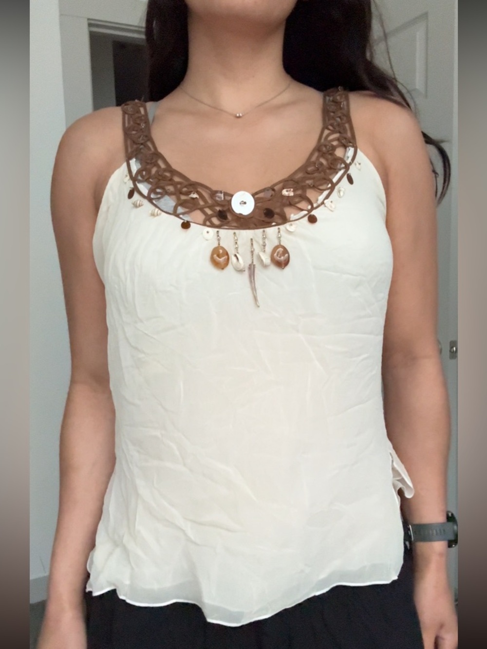 Vintage silk bebe Cream tank with shell embellishments